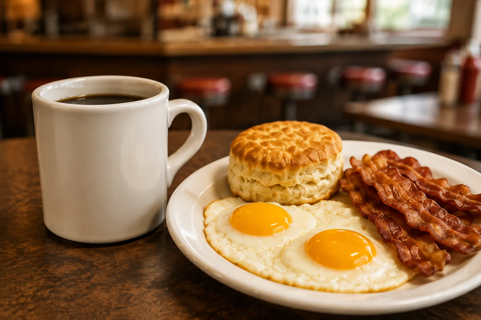 A cup of coffee beside eggs, bacon and a golden biscuit.
