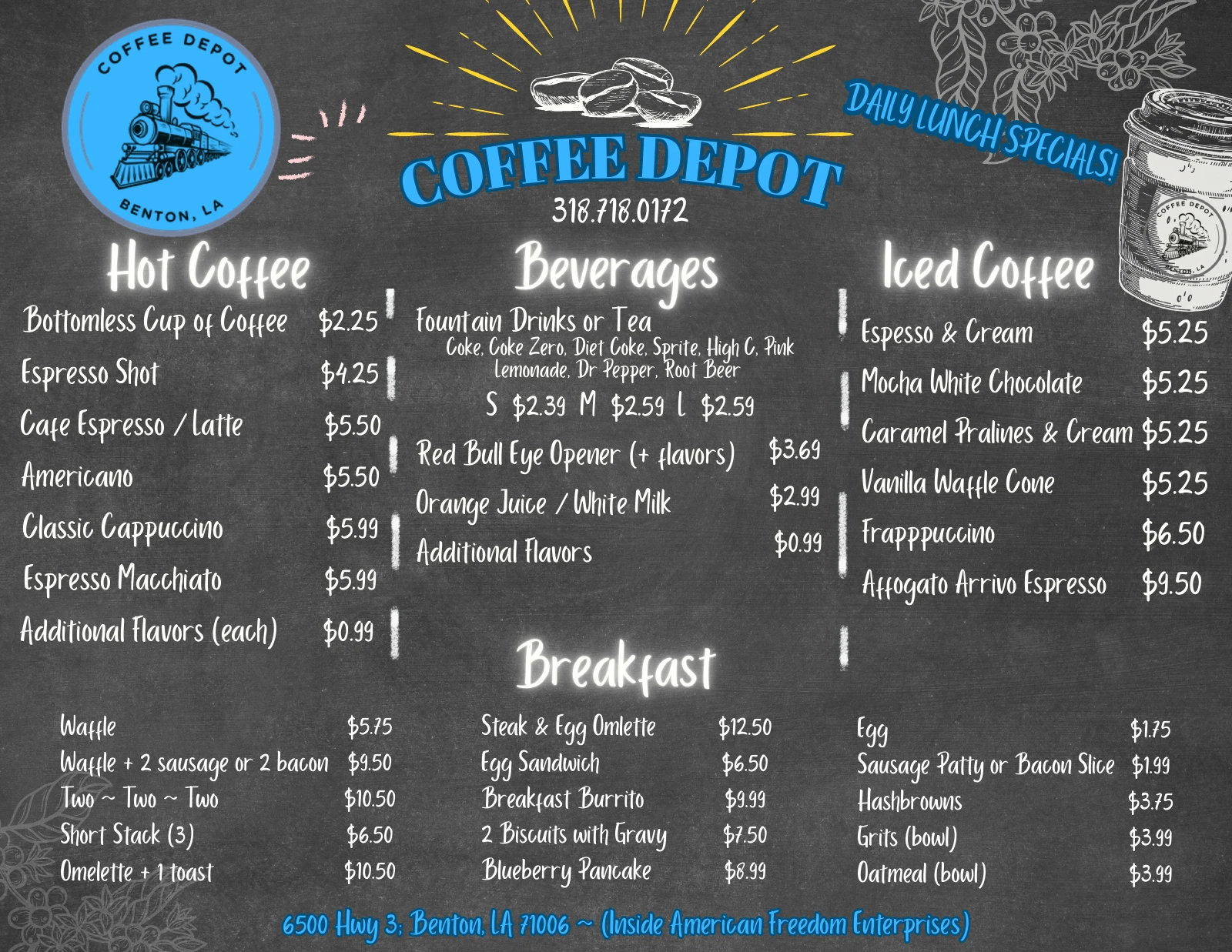 Printed Coffee Depot breakfast and drinks menu with items and prices. A downloadable PDF is linked above.