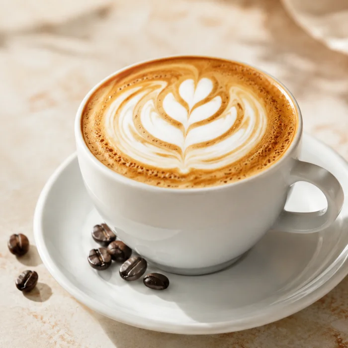 Cappuccino with leaf-shaped latte art.