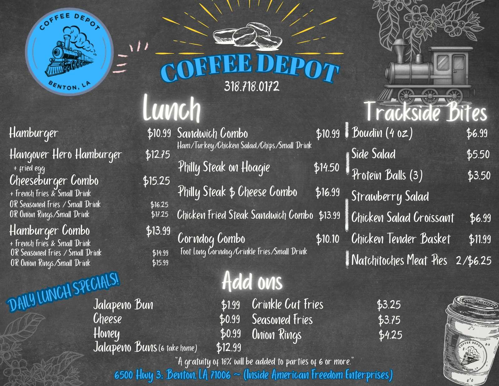 Printed Coffee Depot lunch menu with sandwiches, sides and prices. A downloadable PDF is linked above.