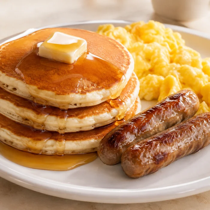 Pancakes with butter, scrambled eggs and sausage.
