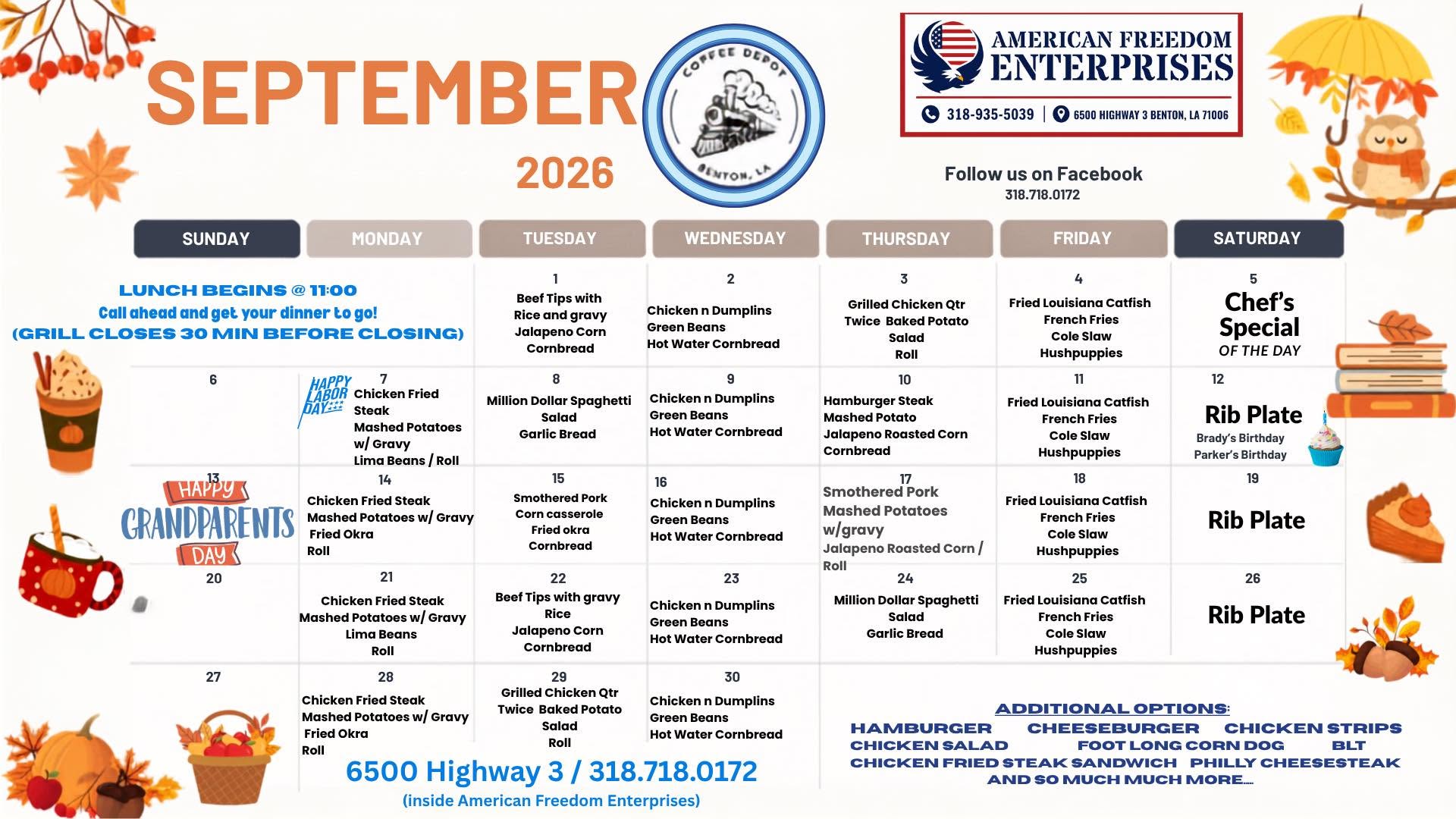 September 2026 lunch specials calendar. Call 318-718-0172 for today’s plate and availability.